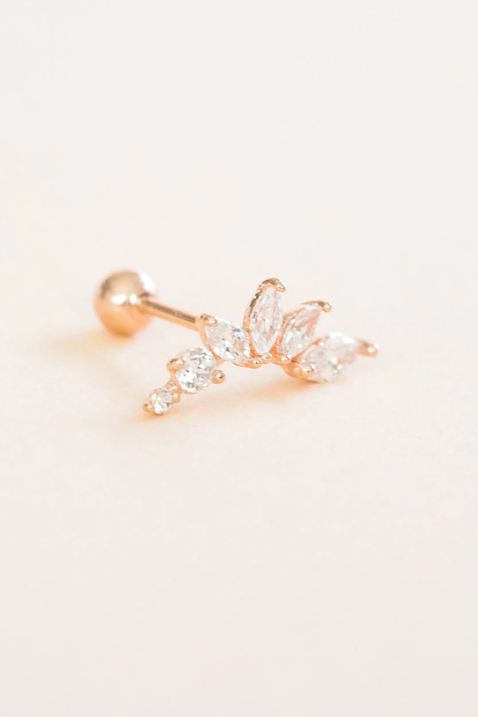 14k Solid Gold Cz Feather Barbell Ball Ear Post Stud Earring Piercing