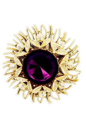 1960s Coro Vintage Gold Brooch With Faceted Purple Stone