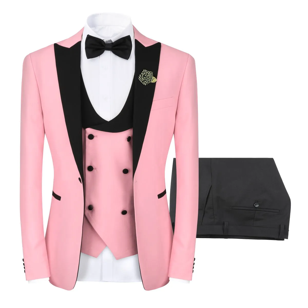 3 Piece Men's Suits One Button Slim Fit Peaked Lapel Tuxedo Pink