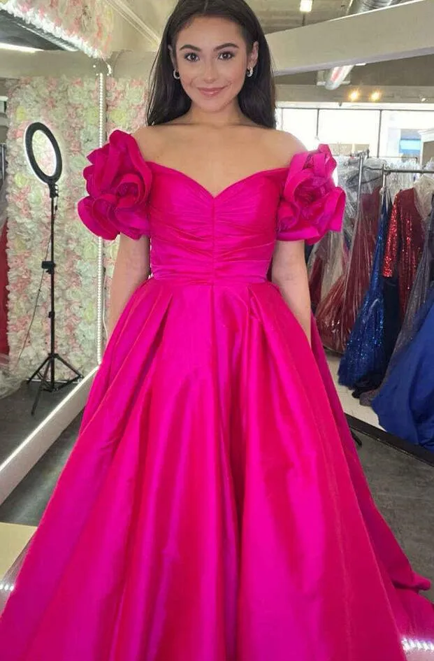 A-Line Ruffle Shoulder Fuchsia Satin Long Prom Dress PC1333