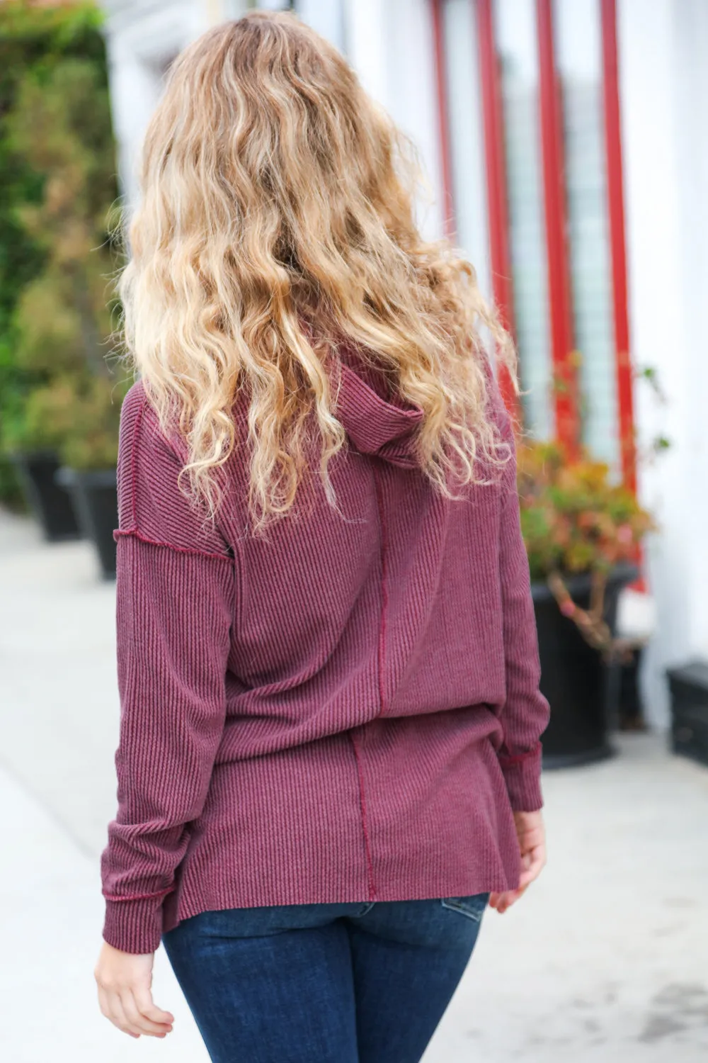 A New Day Burgundy Mineral Wash Rib Knit Hoodie