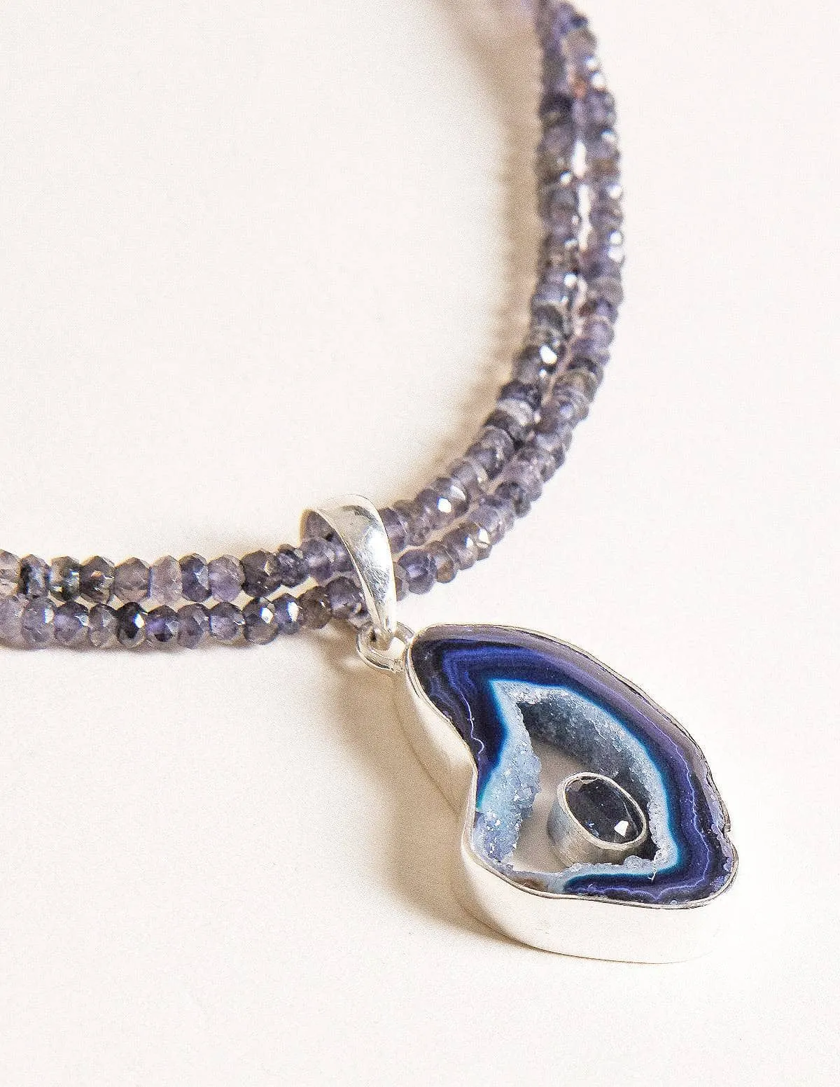 Agate Geode on Iolite Beaded Necklace - One of a Kind