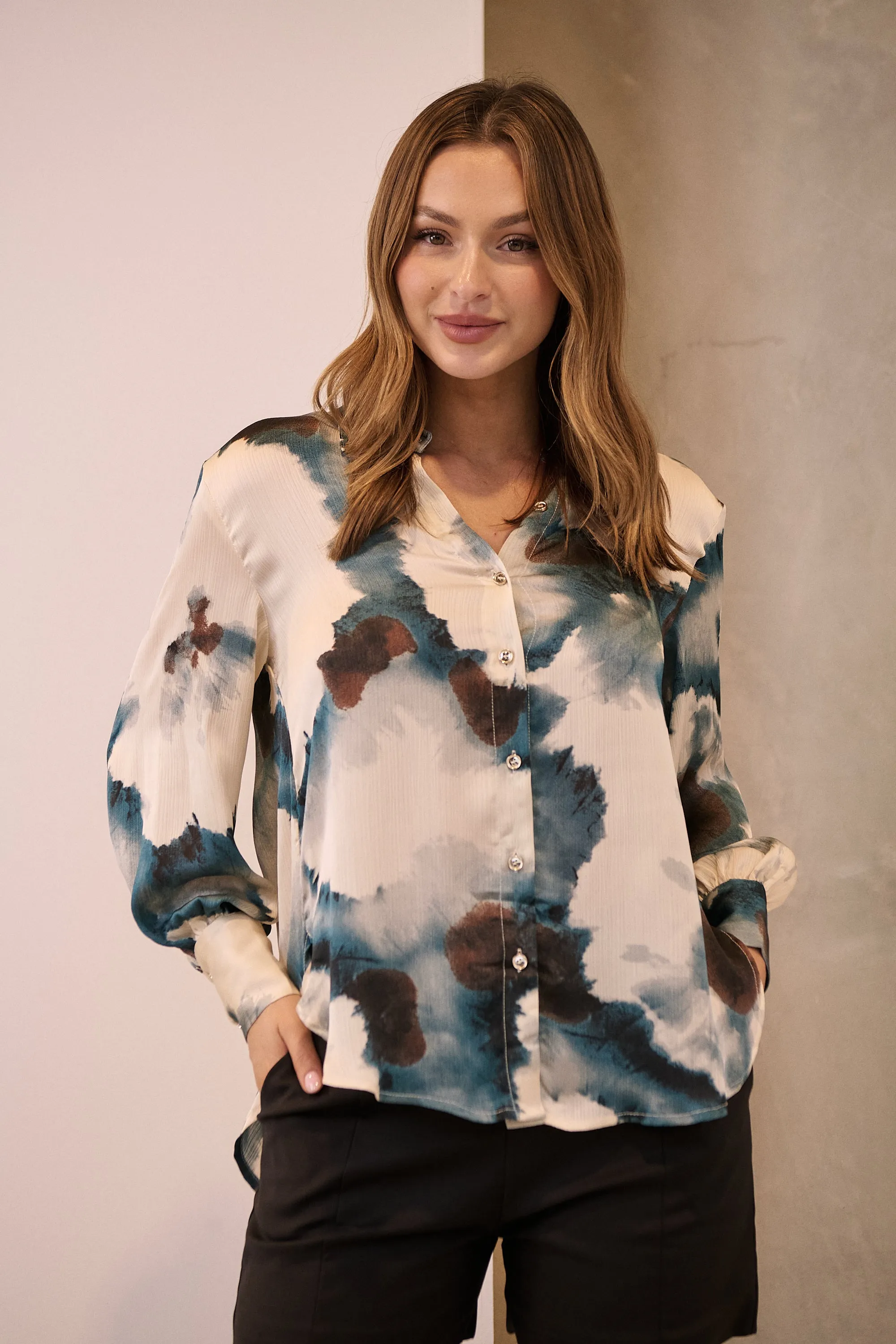 Amaya Navy/Black/Cream Water Color Print Satin Shirt