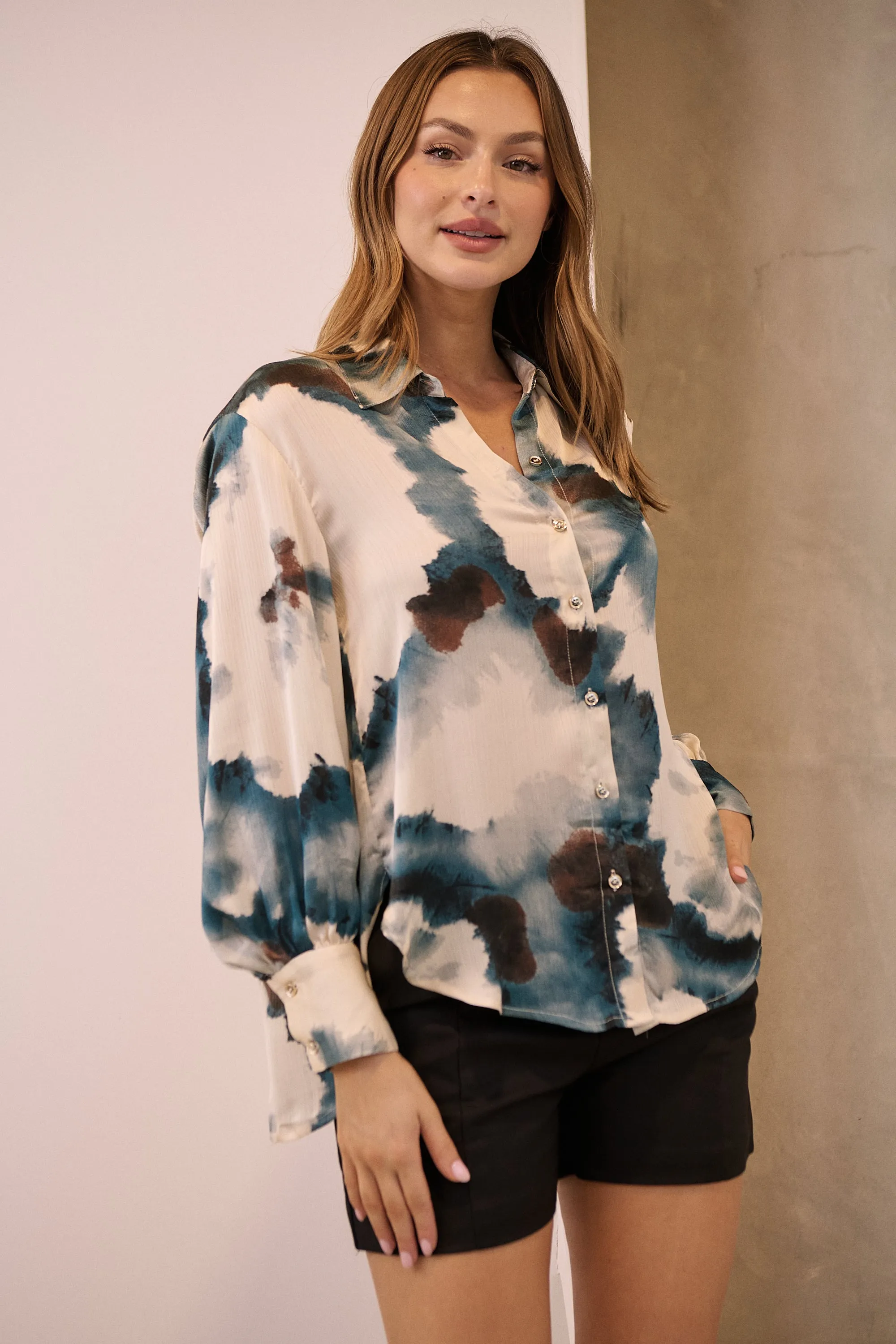 Amaya Navy/Black/Cream Water Color Print Satin Shirt