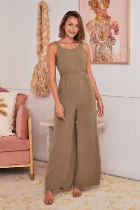 Amira Khaki Linen Backless Jumpsuit