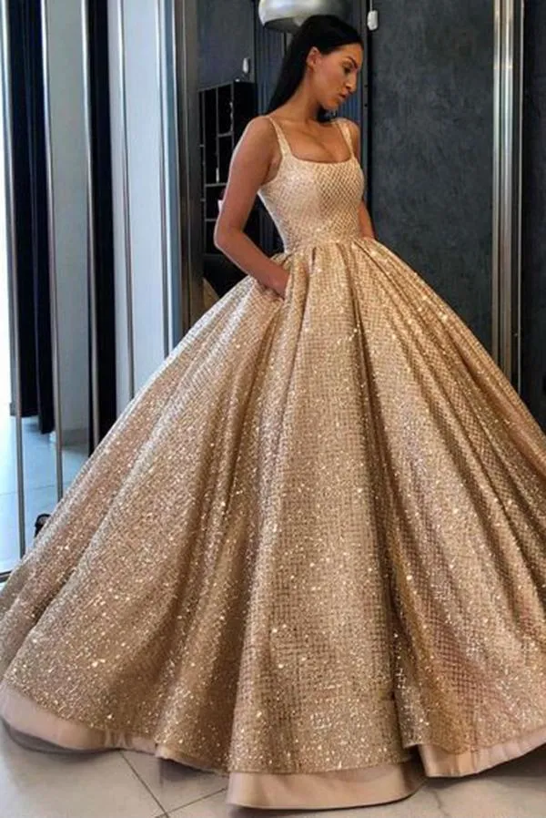 Ball Gown Prom Dress with Pockets Beads Sequins Evening Dresses Floor-Length Gold Formal Dresses,BS022