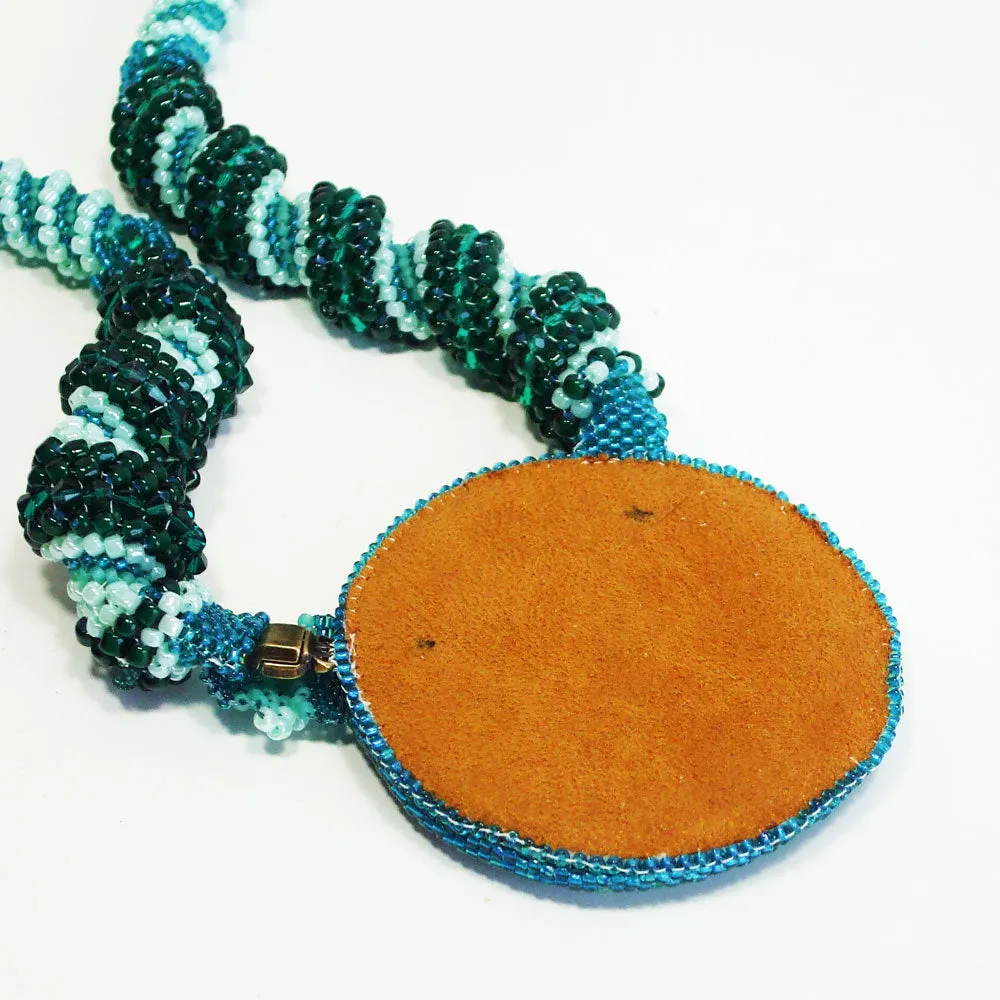 Becca. Cabochon Pendant, Melted Glass, Seed Bead Spiral Necklace