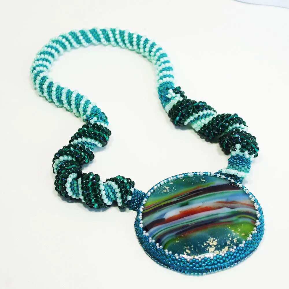 Becca. Cabochon Pendant, Melted Glass, Seed Bead Spiral Necklace