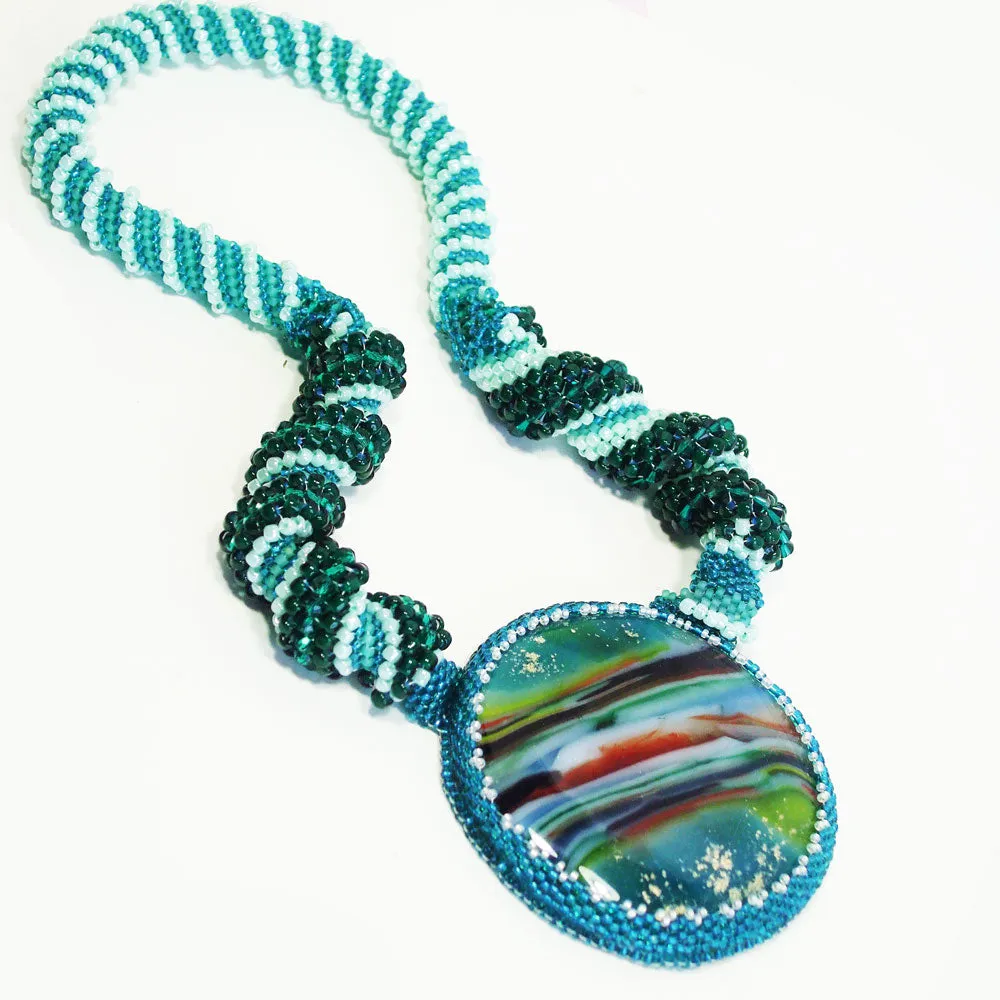 Becca. Cabochon Pendant, Melted Glass, Seed Bead Spiral Necklace