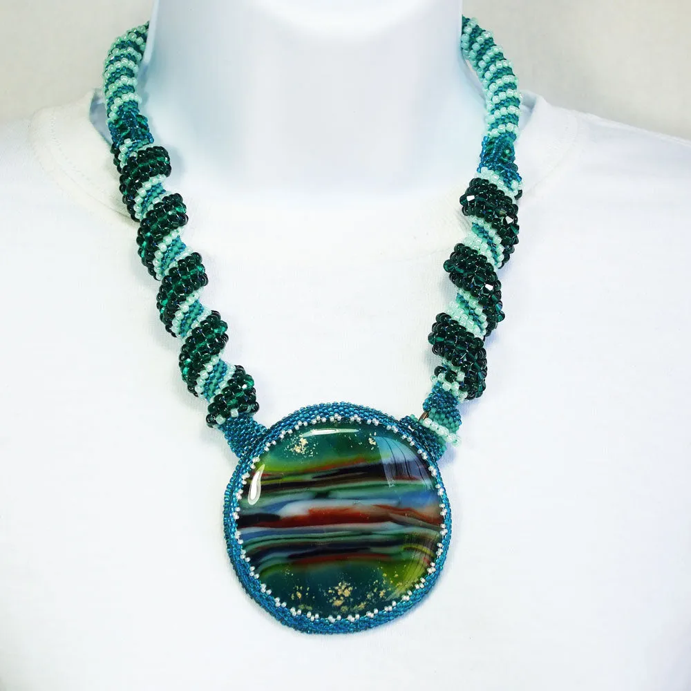 Becca. Cabochon Pendant, Melted Glass, Seed Bead Spiral Necklace