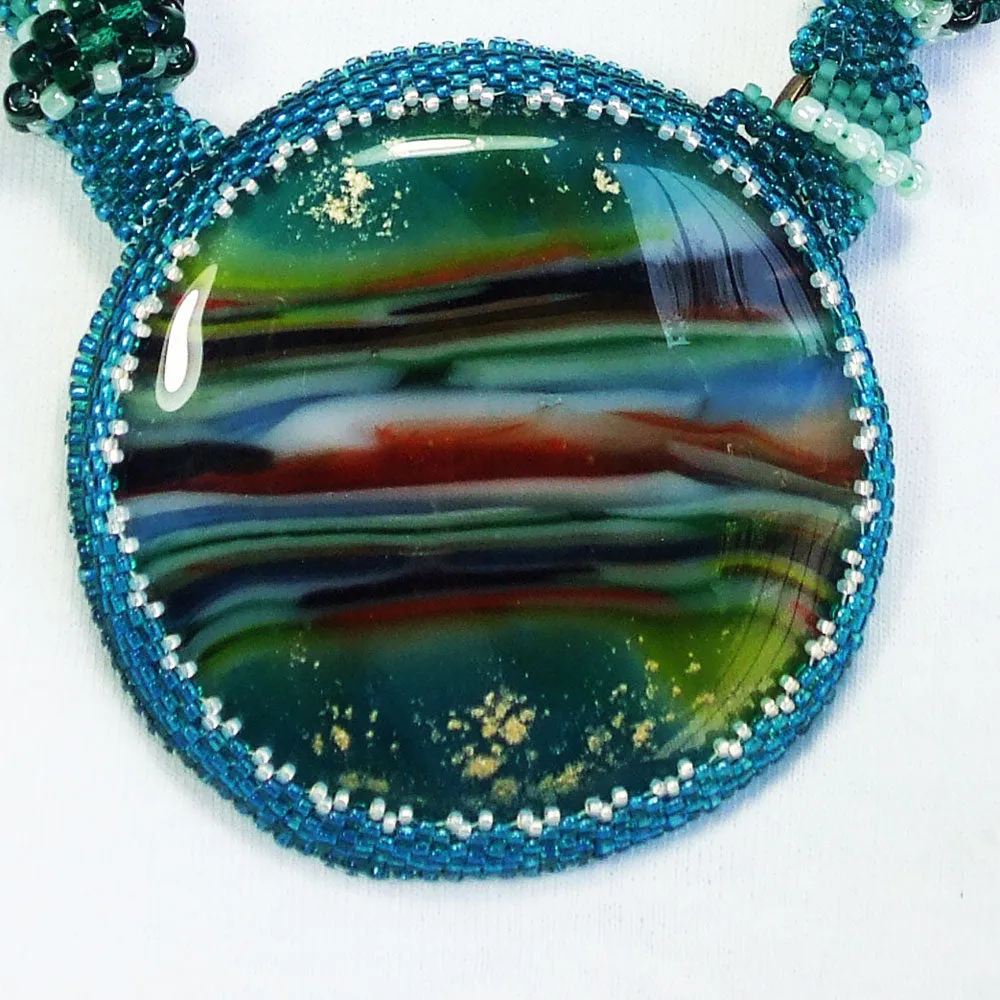 Becca. Cabochon Pendant, Melted Glass, Seed Bead Spiral Necklace