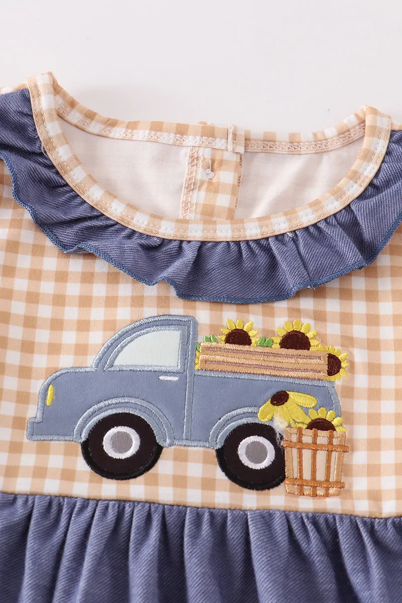 Brown plaid truck applique dress