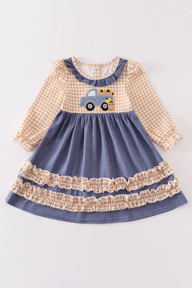 Brown plaid truck applique dress