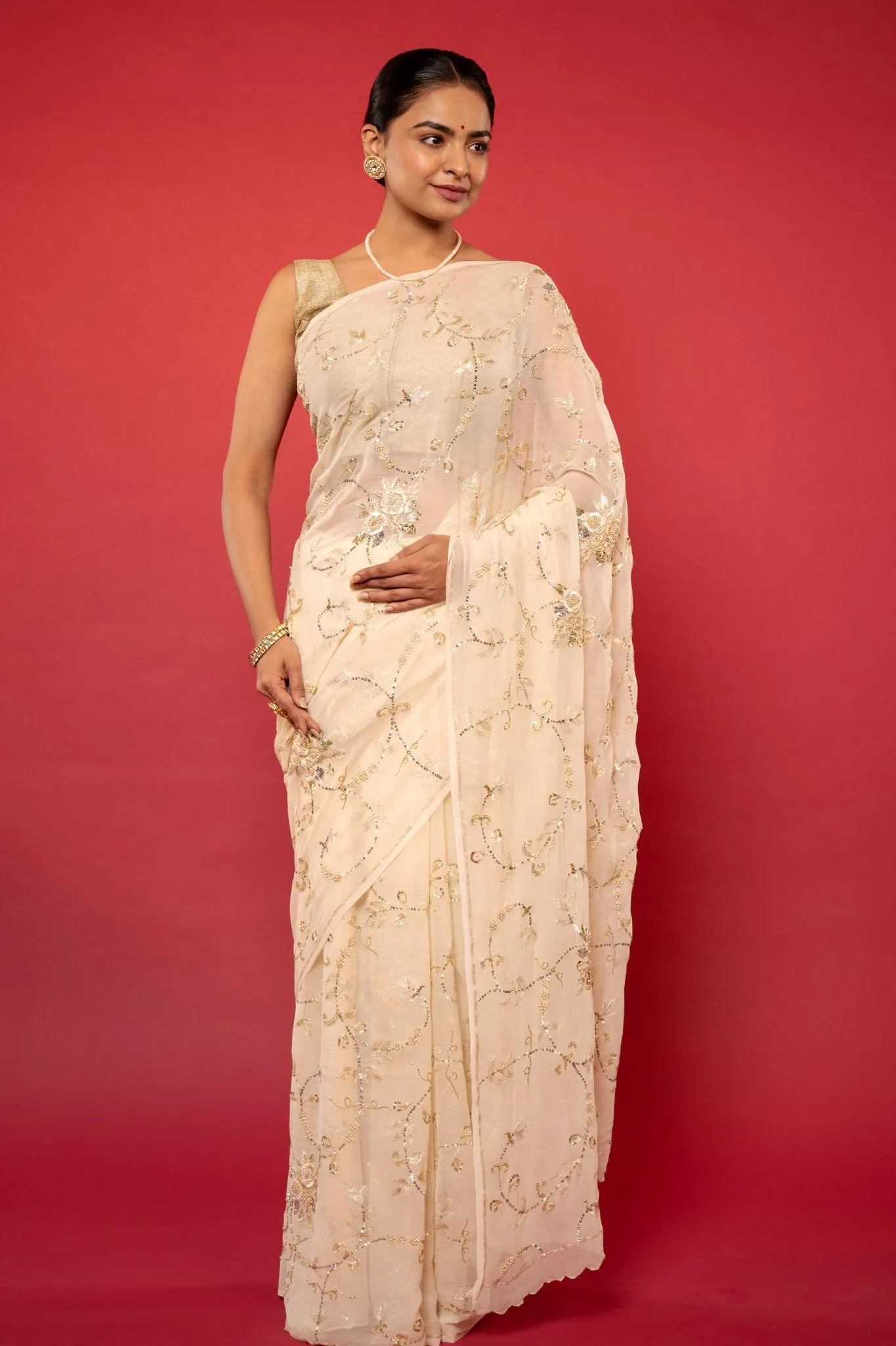 Ivory Pure Chiffon Saree