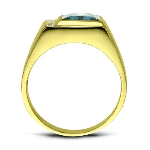 Men's Solid 18K Gold Blue Topaz Ring with 3 Natural Diamond Accents