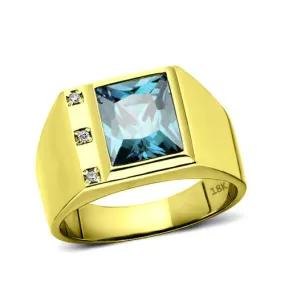 Men's Solid 18K Gold Blue Topaz Ring with 3 Natural Diamond Accents