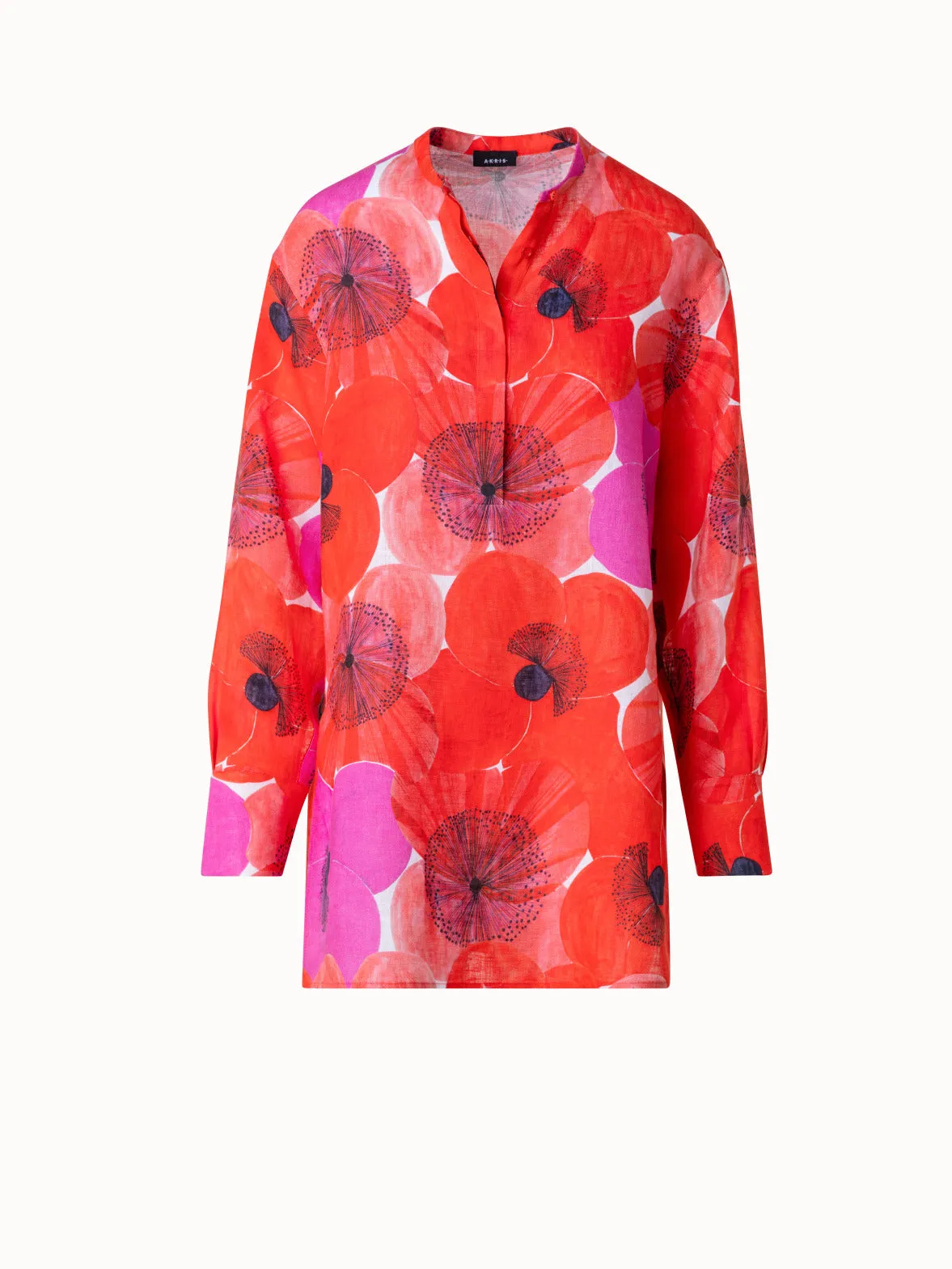 Oversize Tunika-Bluse aus Leinen mit Poppy Druck