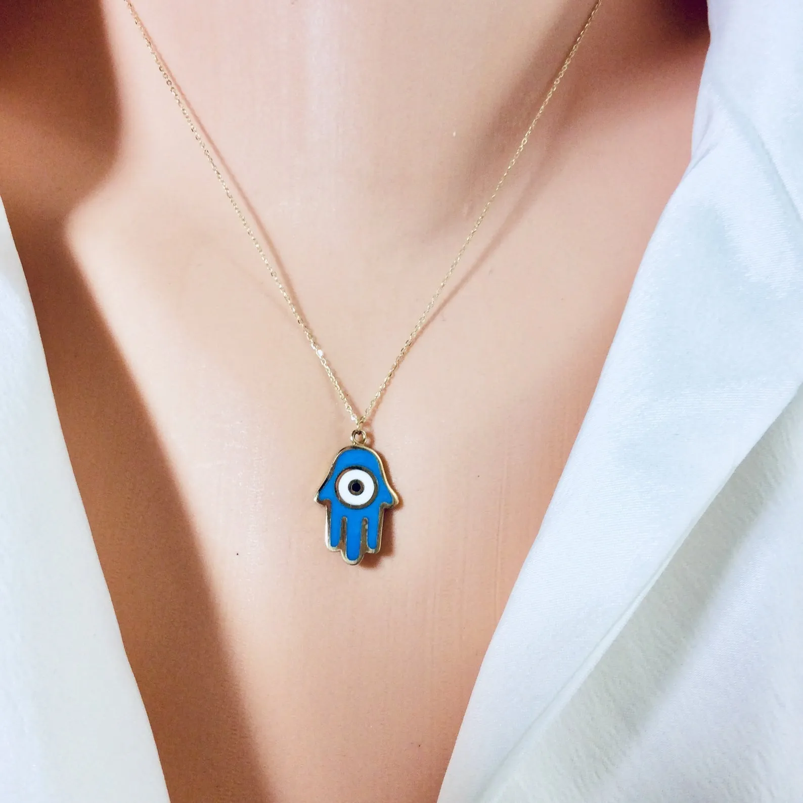 Solid Gold 18K Dainty Enamel Evil Eye Pendant Charm Necklace 16Inches Long