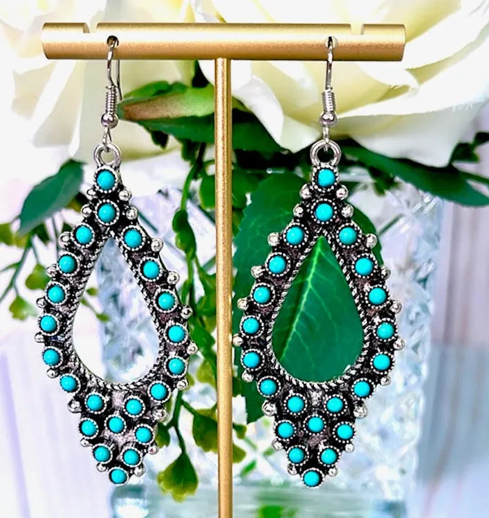 Turquoise Studded Silver Border Earrings