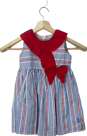 Tutto Piccolo Red and Blue Striped Dress with Ruffled Collar and Bow UK Size 5 Years